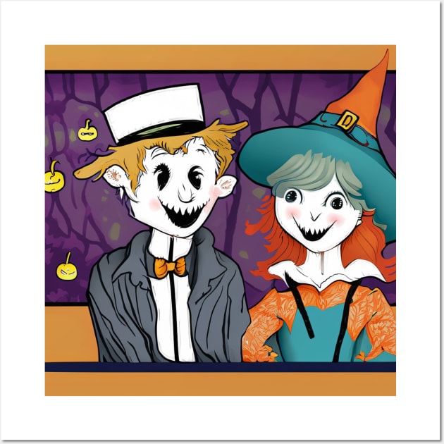 Halloween Fun with a Cartoon Character and Pumpkins Wall Art by Tee Trendz